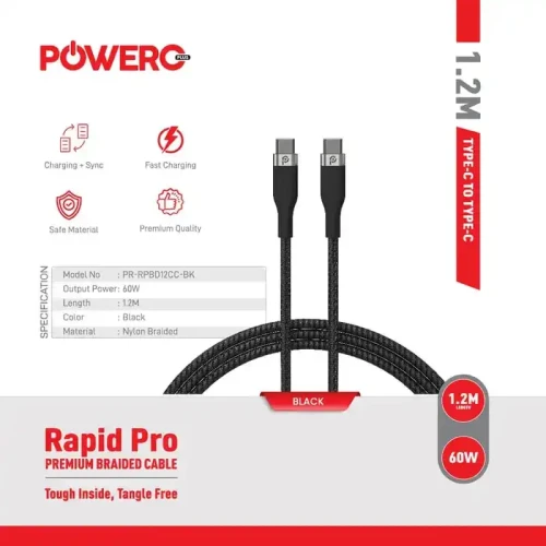 PowerO+ Rapid Pro Premium Braided Type-C Cable 60W 1.2 Meter - Black