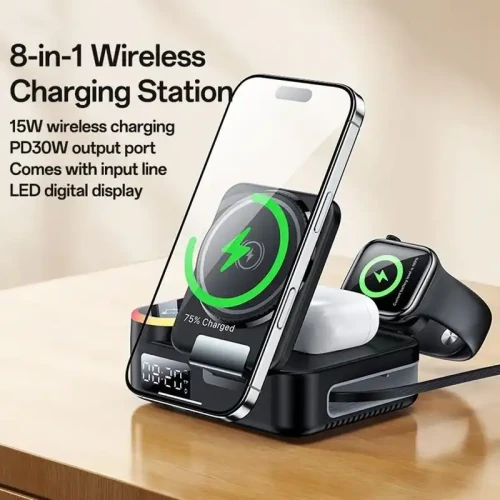 Yesido DS38 8-in-1 Magnetic Wireless Charging Station with Digital Clock 65W - Black