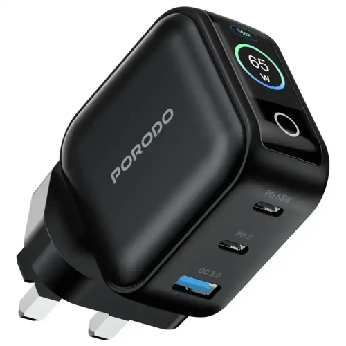 Porodo Nexora 65W 3-Port Wall Charger with LCD Display - Black