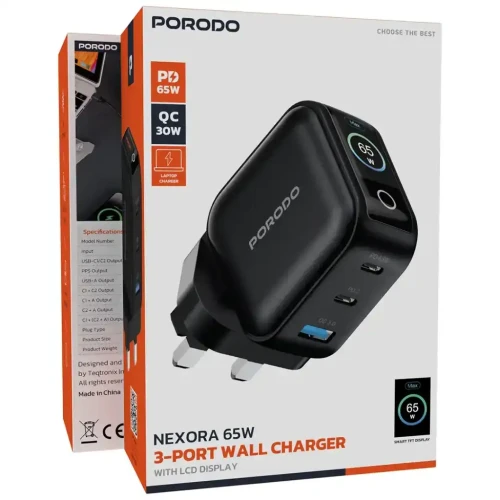 Porodo Nexora 65W 3-Port Wall Charger with LCD Display - Black