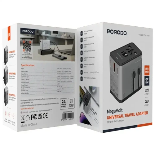 Porodo Mega Volt Universal Travel Adapter - Silver/Black