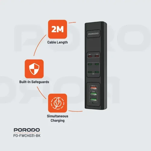 موزع شحن USB متعدد المنافذ بقوة 85 واط من Porodo - أسود