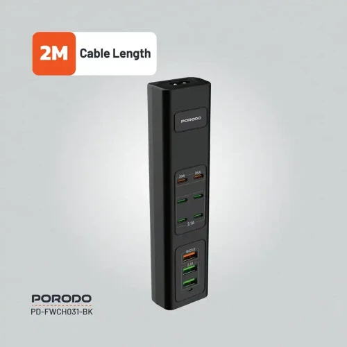 موزع شحن USB متعدد المنافذ بقوة 85 واط من Porodo - أسود