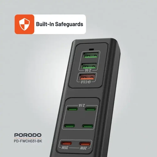موزع شحن USB متعدد المنافذ بقوة 85 واط من Porodo - أسود