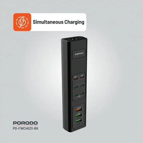 موزع شحن USB متعدد المنافذ بقوة 85 واط من Porodo - أسود