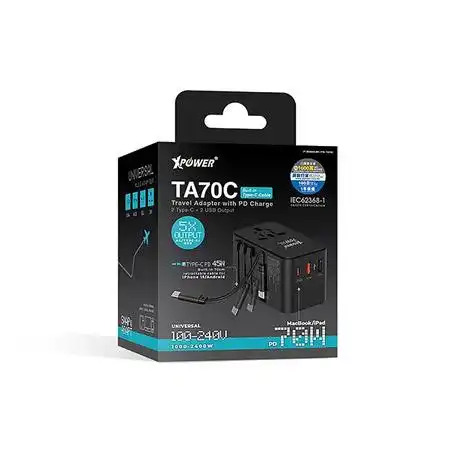 XPower TA70C 70W PD PPS GaN Travel Adapter with Built-in Type-C Cable - Black