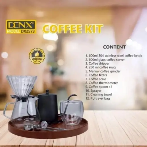 طقم القهوة 12 في 1 من Denx – مجموعة متكاملة لتحضير القهوة يدوياً مع غلاية ستانلس ومطحنة وإكسسوارات